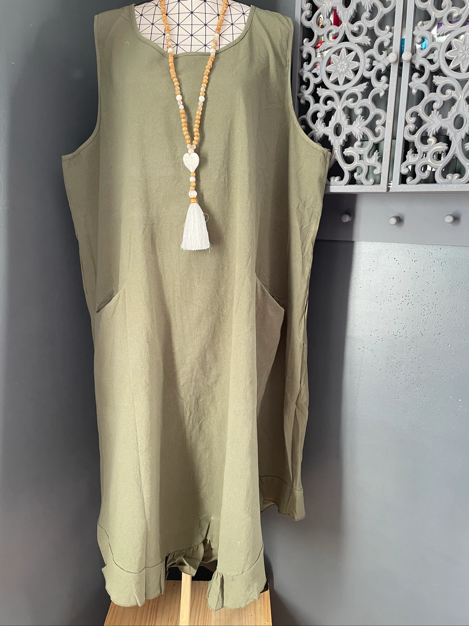 💖 kaki katoenen mouwloze jurk grote maat 54 ruime bohemien zakken 💖 – photo 6